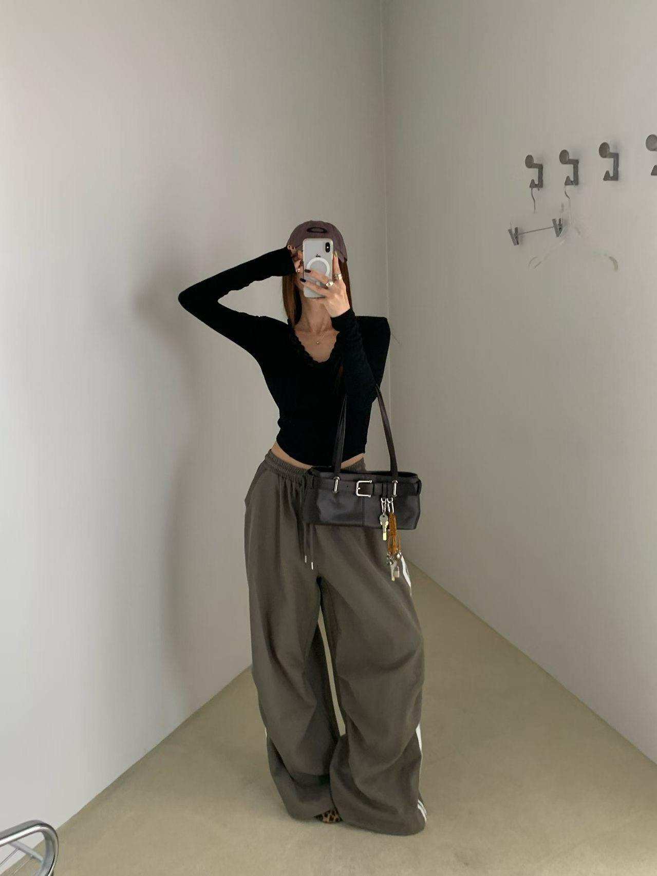 蕾絲條紋工作褲